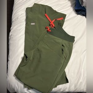 Figs Olive Green Scrub Set with Orange Accents